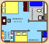 Four bedroom apartments with shared living, dining, and kitchen areas